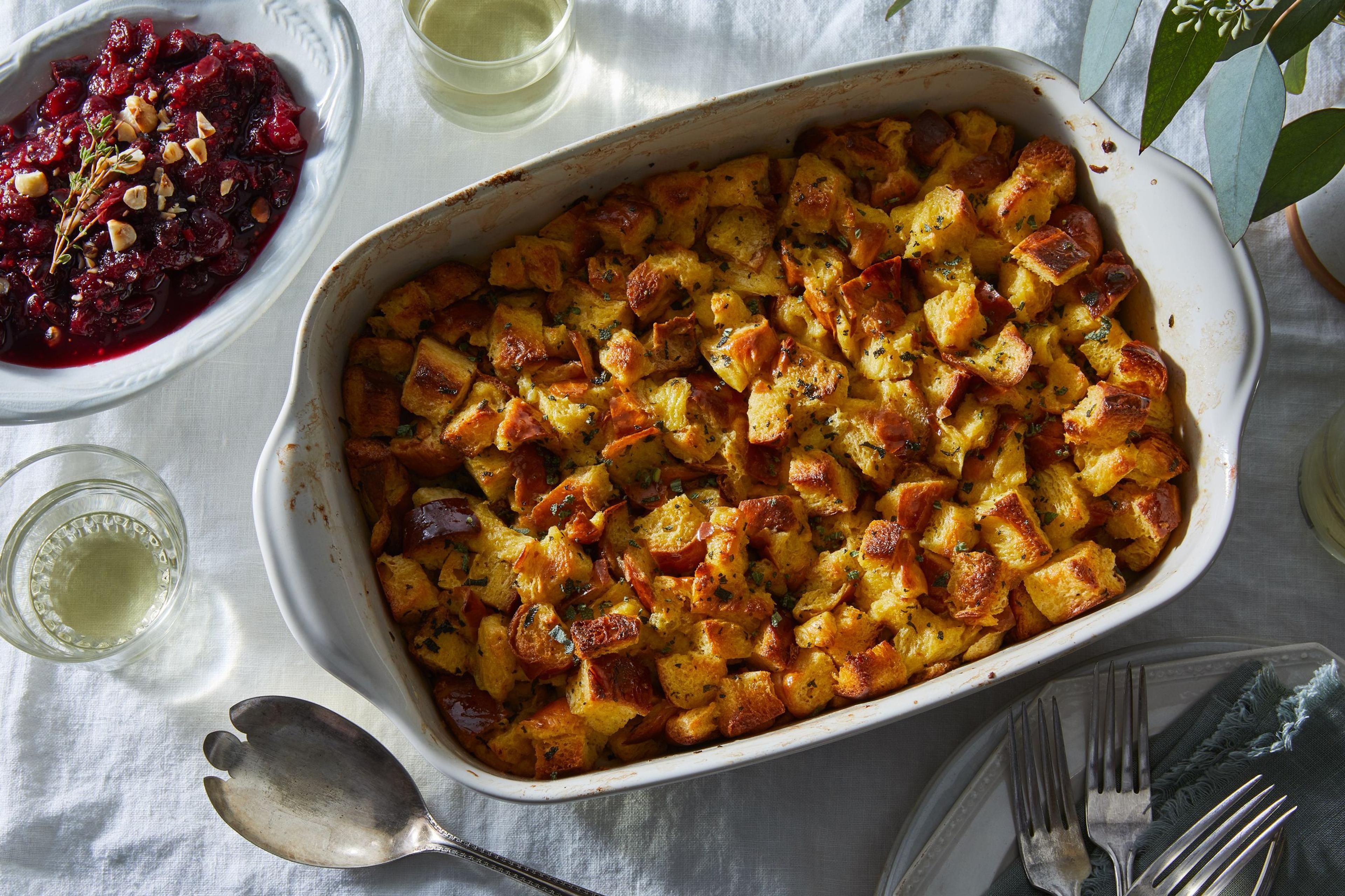 Sheet pan cornbread stuffing on a table